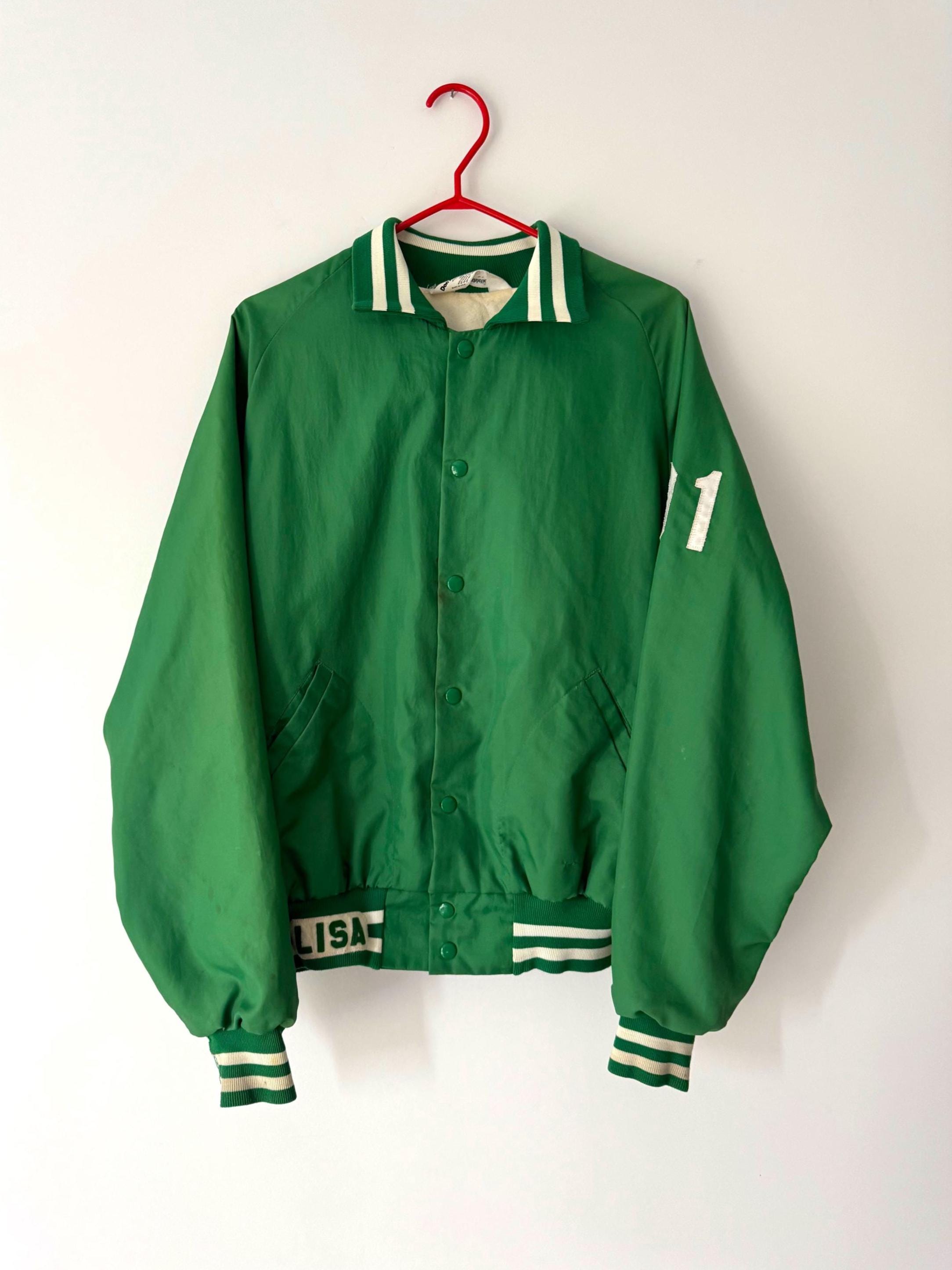 90s vintage green Greenbrier Volleyball LISA varsity jacket – large | made in USA unisex bold striped raglan snap button front bomber jacket