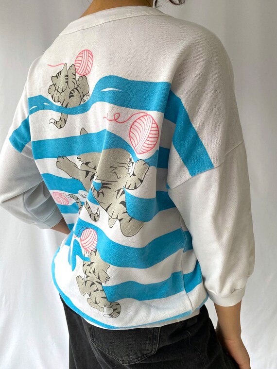 80s vintage white blue cartoon cat half sleeved p… - image 6