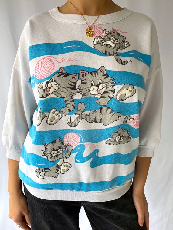 80s vintage white blue cartoon cat half sleeved p… - image 2