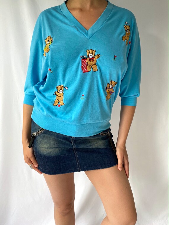 80s vintage blue embroidered bears golf slouchy h… - image 3