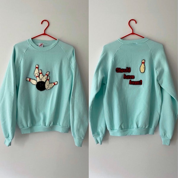 90s vintage aqua bowling crewneck pullover sweater – large | novelty graphic handmade unique OOAK 3D applique artsy cute unisex sweatshirt