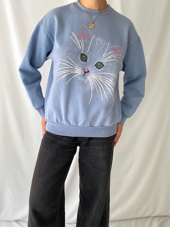90s vintage light blue cat kitten pullover sweatsh