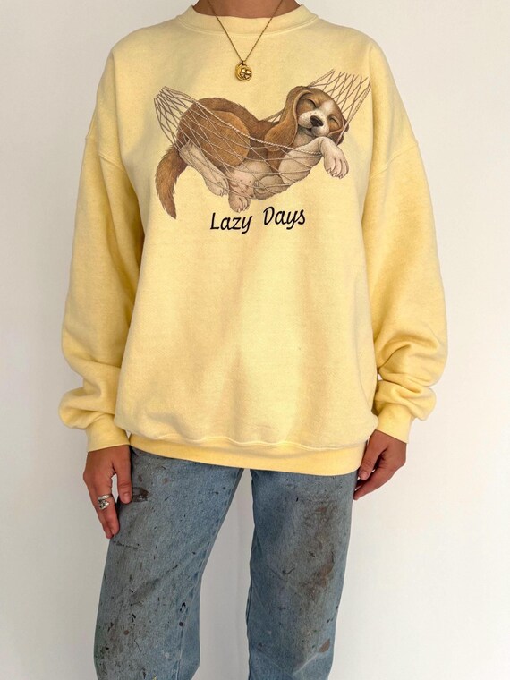 90s Vintage Yellow Lazy Days Puppy Animal Graphic Pullover