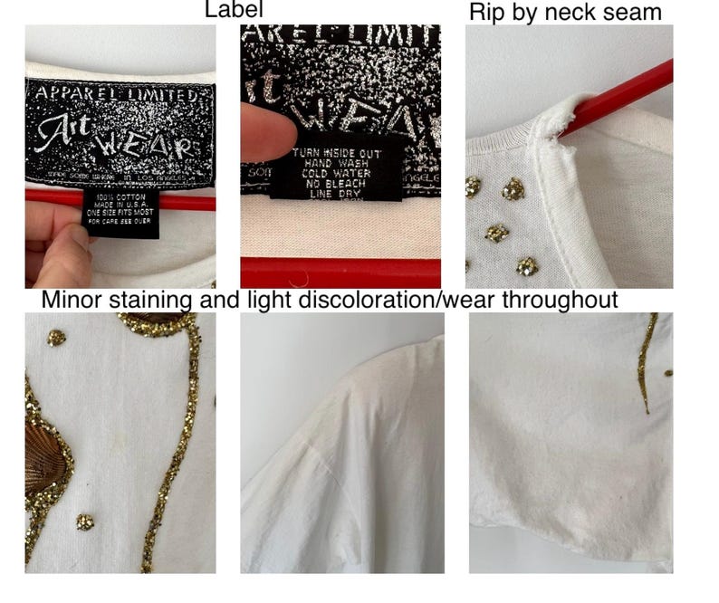 May include: White t-shirt with gold glitter detailing and rhinestones. The shirt has a rip by the neck seam and minor staining and discoloration. The tag reads "Apparel Limited Art Wear".
