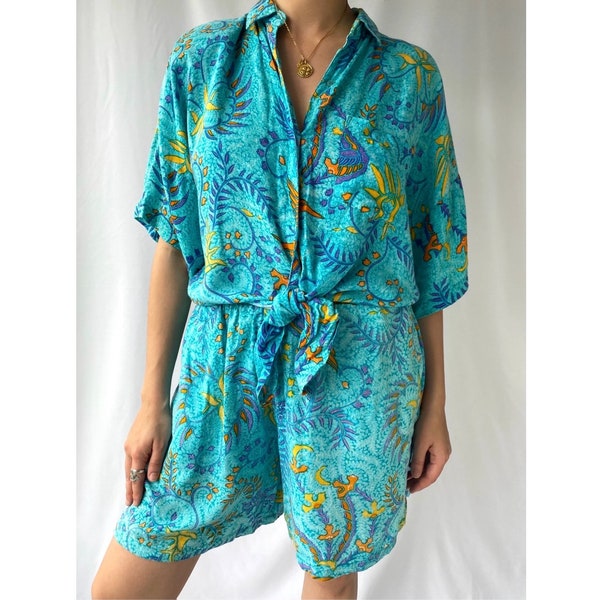 80s vintage blue Hawaiian tie top mini shorts matching set – small, medium | tropical vacation retro collared blouse two 2 piece coord set