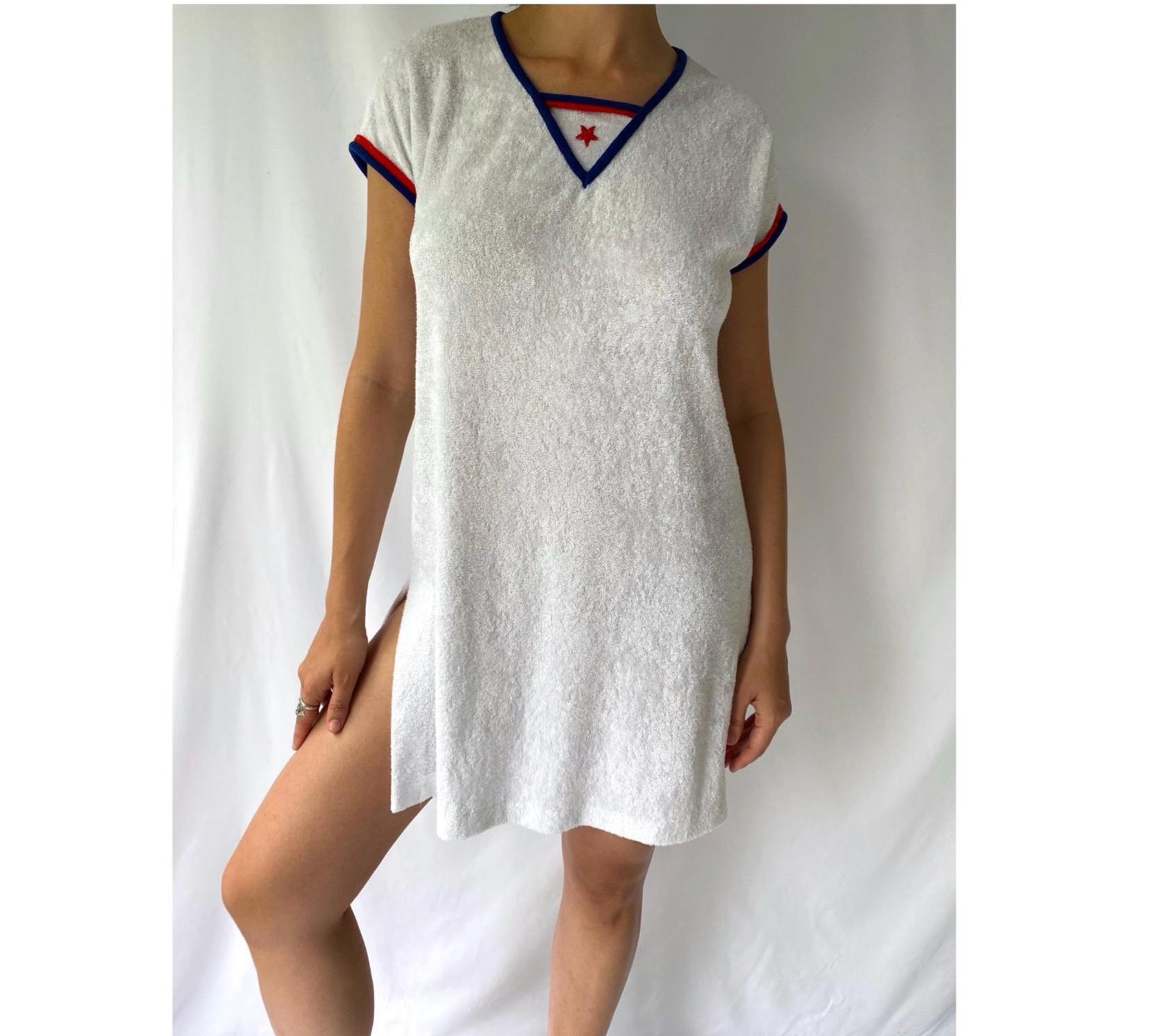 70s vintage white terry cloth red star short ringer tshirt dress – small | casual retro nautical sporty tennis beach vacation cover up slip