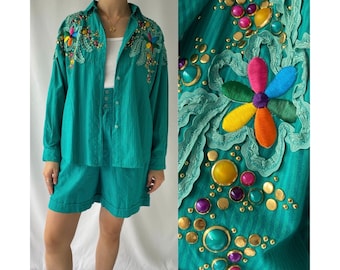 80s 90s vintage colorful turquoise blue embellished shirt shorts matching set – small | novelty retro funky embroidered two piece coord set