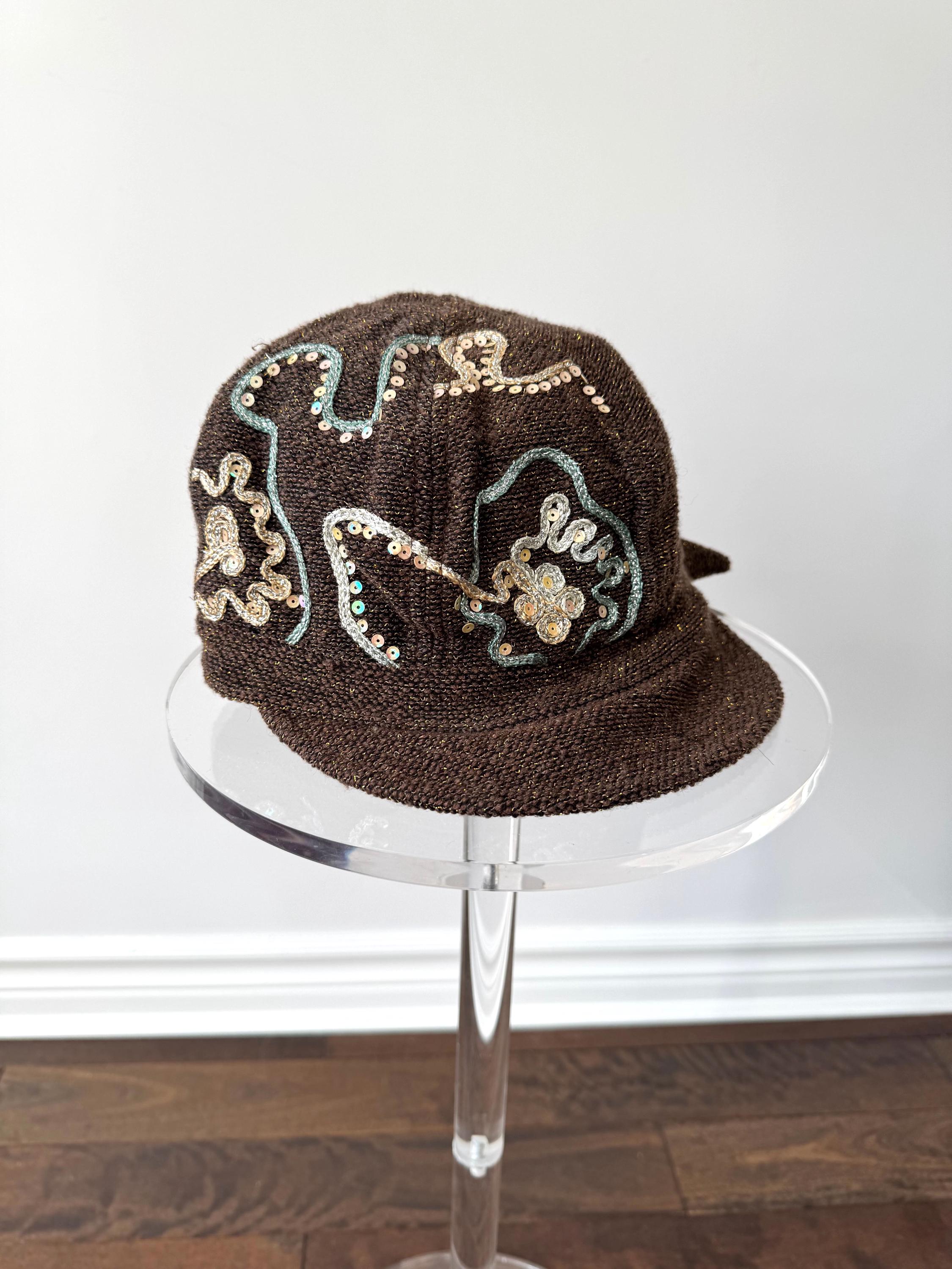 Y2k Vintage Brown Sparkly Glitter Sequin Embroidered Cabbie Hat