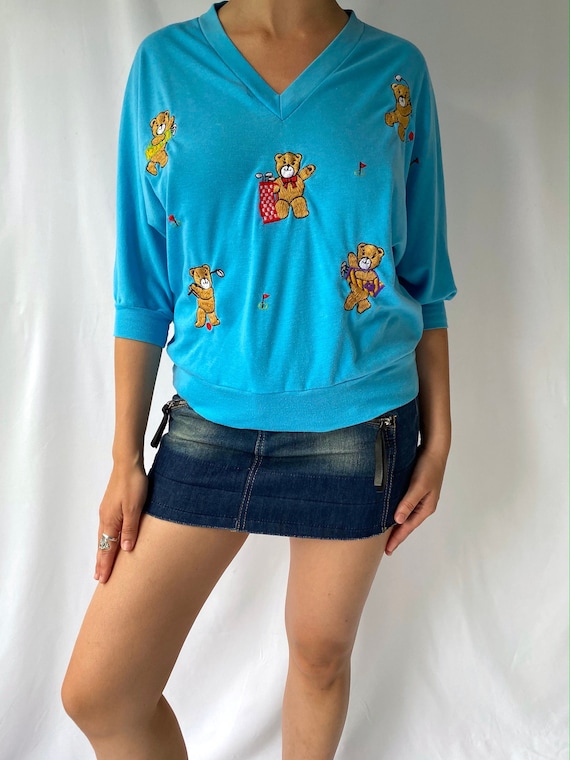 80s vintage blue embroidered bears golf slouchy h… - image 2
