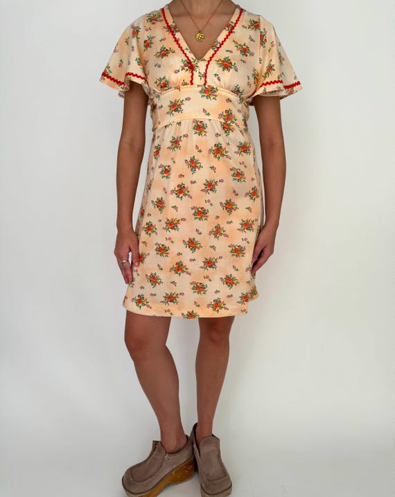 70s vintage pink orange floral print coquette midi dress - small | unique handmade flowy prairie pastel flutter sleeve cute summer dress