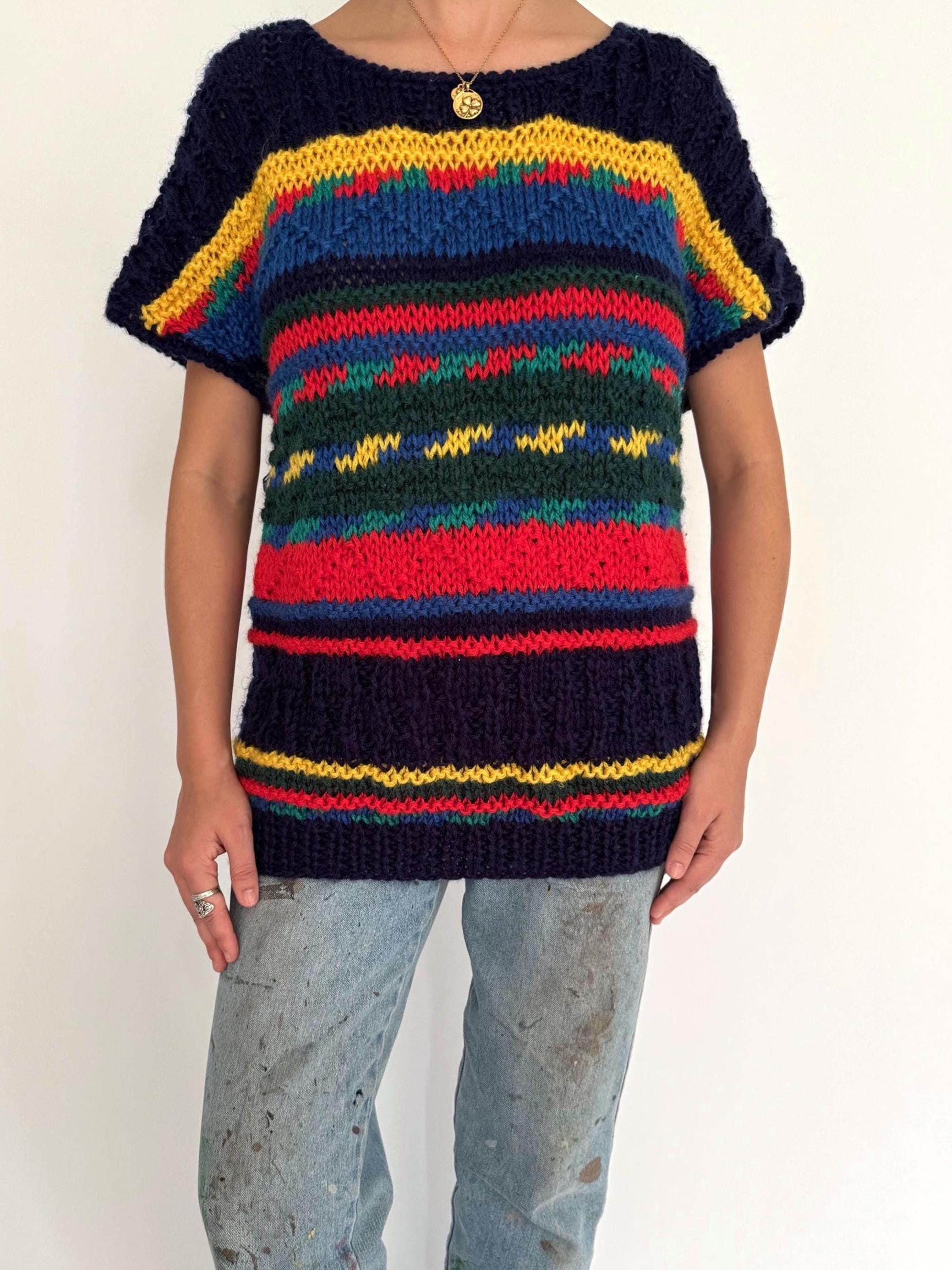 90s Vintage Rainbow Striped Short Sleeved Chunky Knit Sweater