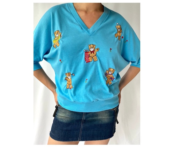 80s vintage blue embroidered bears golf slouchy h… - image 1