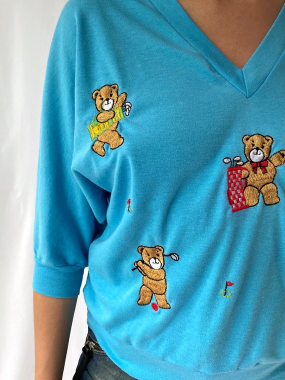 80s vintage blue embroidered bears golf slouchy h… - image 8