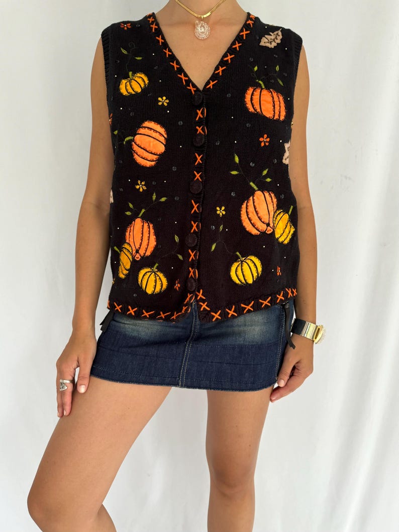 90s Vintage Fall Pumpkin Novelty Knit Sweater Vest Medium Halloween