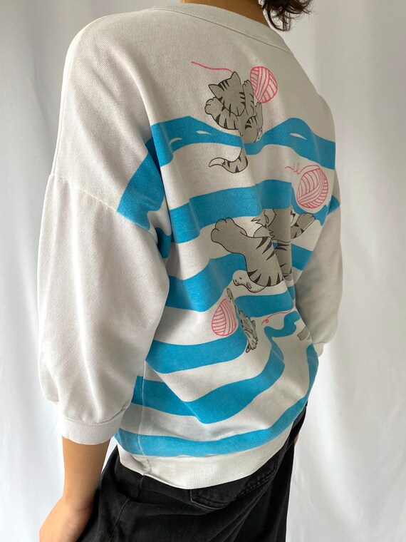 80s vintage white blue cartoon cat half sleeved p… - image 4