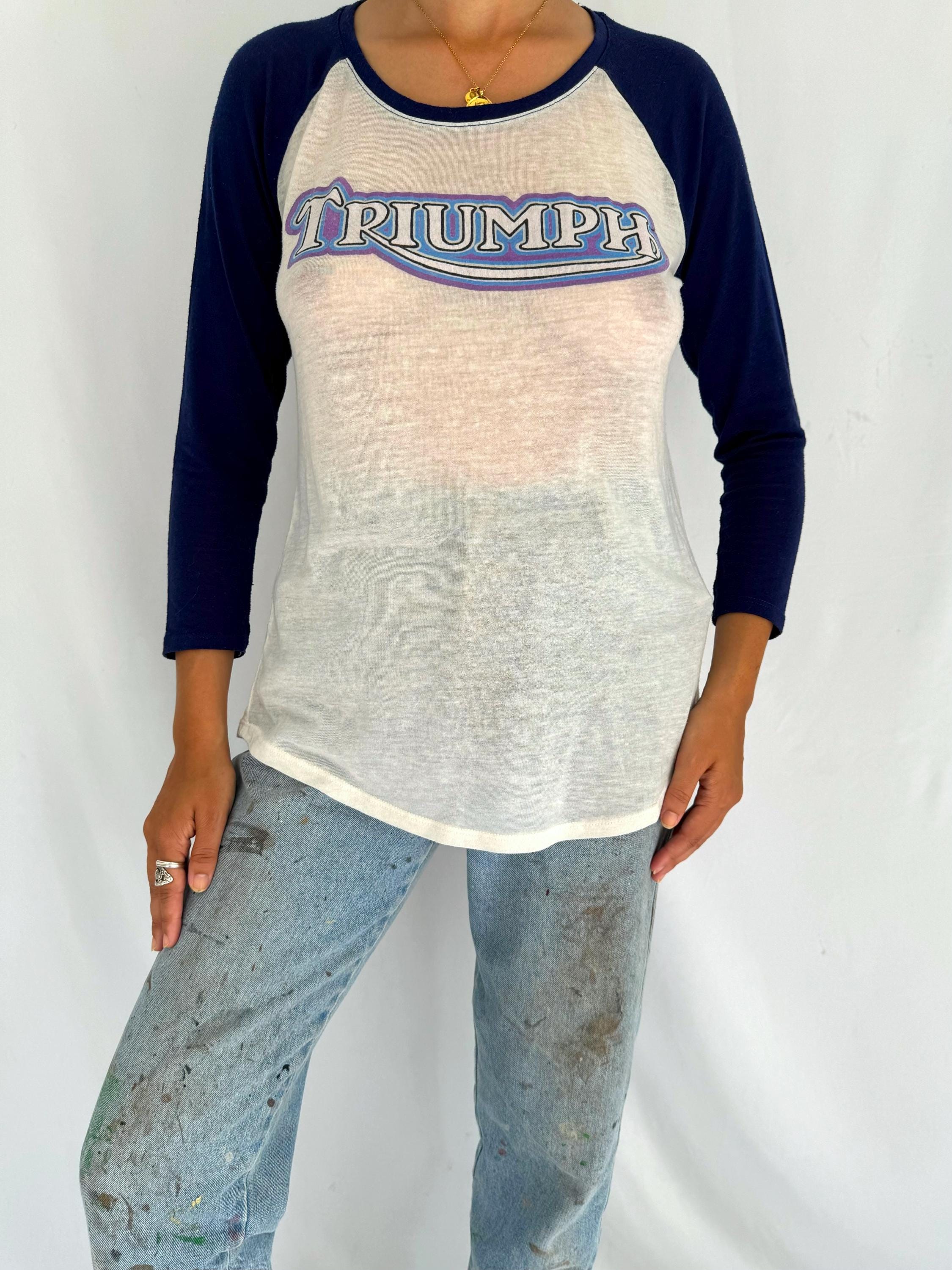 Y2k Vintage Navy White Triumph Graphic Baseball Jersey Top