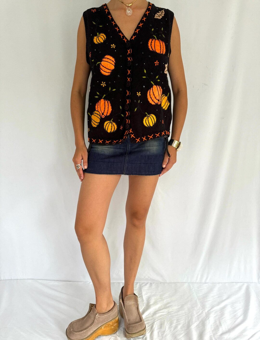 90s Vintage Fall Pumpkin Novelty Knit Sweater Vest Medium Halloween