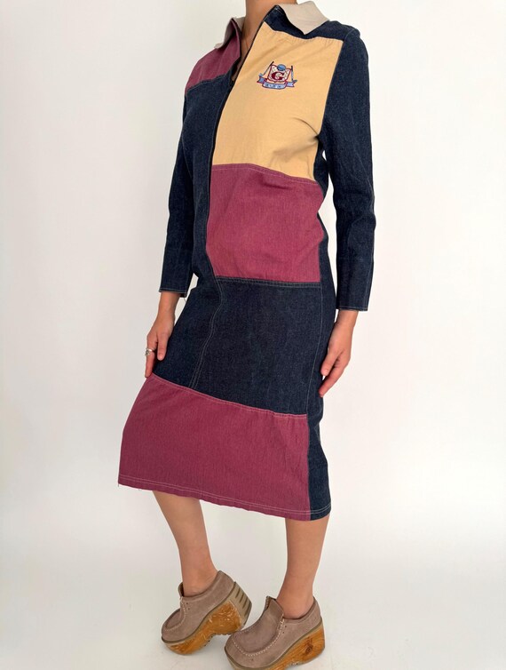 90s Vintage Multicolor Denim Patchwork Golf Embroidered Midi Dress - Small | Unique Retro Novelty Mixed Prints Collared Zip Up Jean Dress