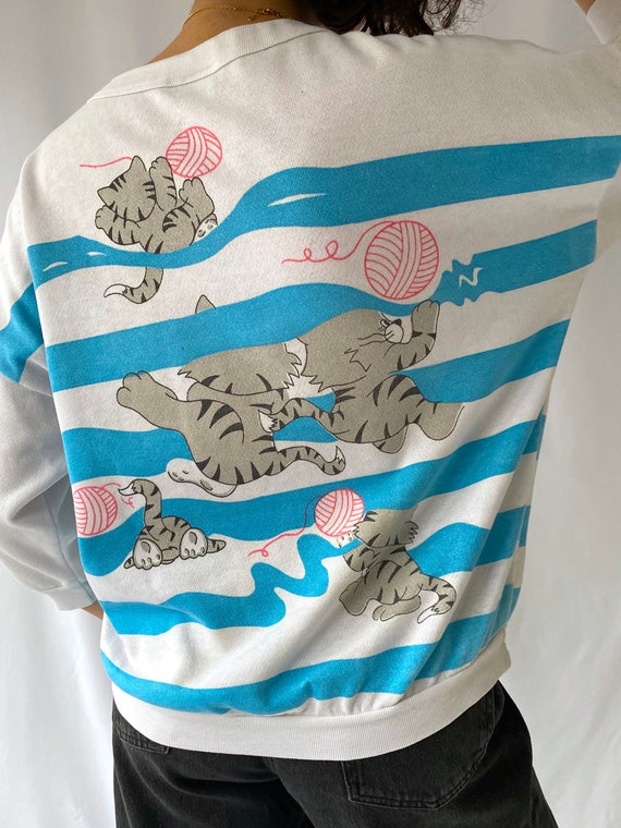 80s vintage white blue cartoon cat half sleeved p… - image 5