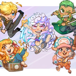 Charm une pièce scintillant arc-en-ciel de 3 po. avec revêtement époxy, Gear 5 Luffy, Nami, Sanji, Zoro et Chopper