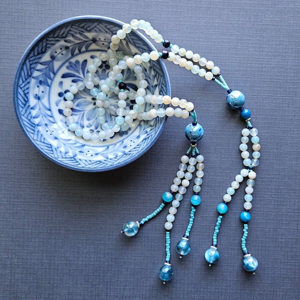 Agate Buddhist prayer beads, SGI beads, mala beads, Nichiren gongyo juzu, 6mm sky blue stripe agate beads for meditation & chanting