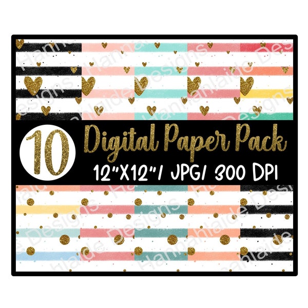 Stripe Digital Paper, Gold glitter hearts, Gold glitter polka dots, multiple colors, 12x12" scrapbooking paper, high resolution 300 dpi