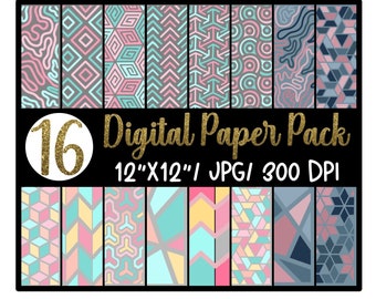 Geometric Digital Paper, backgrounds, scrapbooking paper, pink, teal, bright colors, colorful, high resolution, 12x12", 300 DPI, craft paper