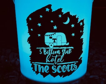 Decal and LED light for color changing camping bucket- camping/ outdoor bucket lantern- 39 different designs!