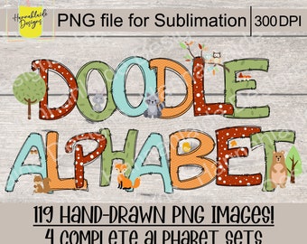 Woodland Doodle Letters and clipart, A-Z alphabet PNG, hand-drawn doodle font, printable sublimation file, transparent background
