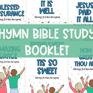 Könnte beinhalten: Ein Satz druckbarer Lieder-Bibelstudienhefte mit Illustrationen von Menschen, die ihre Hände in Anbetung erheben. Die Titel der Hefte lauten "Blessed Assurance", "It Is Well", "Jesus Paid It All", "Amazing Grace", "Tis So Sweet" und "How Great Thou Art".