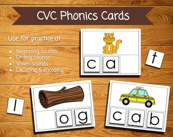 Tarjetas para formar palabras CVC / Centros de fonética / Sonidos iniciales y finales / Vocales cortas / Alfabetización para jardín de infancia y primer grado