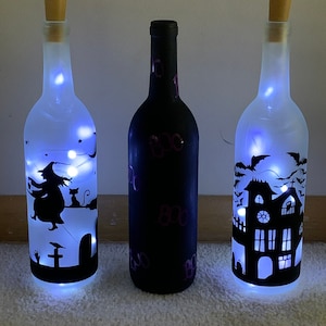 Lighted Halloween Wine Bottle Set Decorations witch boo graveyard scary