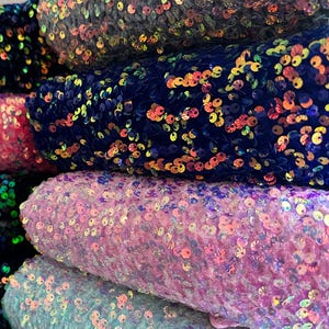 Stretch velvet with multi color shell sequins