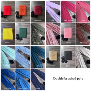 May include: A collection of fabric swatches in various colors, including red, rust, burgundy, lilac, dark fuchsia, rose, yellow, hunter green, army green, pink, mauve, mulberry, mint, baby blue, teal, taupe, black, white, royal blue, balloon blue, and navy. The fabric is described as "double brushed poly".