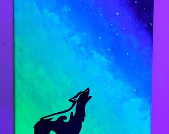 Glow in the Dark Singing Stars Coyote Wolf Mesmerizing painting 10 x 20 inch