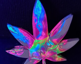 Leaf 2 inch wide LE/1 pin painted UV blacklight reactive unique limited edition neon rainbow glow flow broach gift rave ravewear trip nature
