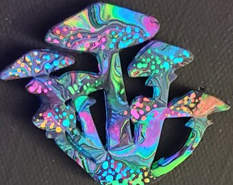Mushroom 2 inch wide LE/1 pin painted UV blacklight reactive unique limited edition neon rainbow glow flow broach rave ravewear trip nature