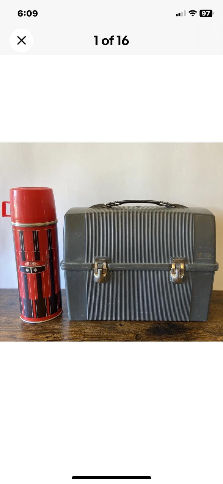 Vintage Thermos Brand Dark Gray Plastic Mens Lunch Box & Thermos USA Made