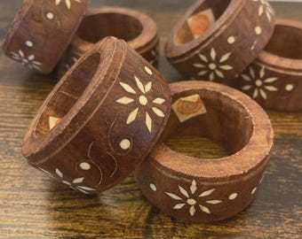 Wooden Napkin Rings with Floral Designs and Brass Inlay Made in India Set of Six