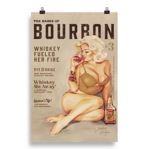 Babes Of Bourbon Vol. 3 Poster. Sexy Vintage Whiskey Pinup Girl Art Print. Cool Retro Art For Home Bar, Kitchen, Man Cave Decor