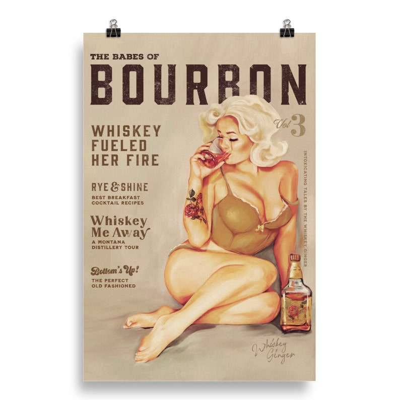 Babes Of Bourbon Vol. 3 Poster. Sexy Vintage Whiskey Pinup Girl Art Print. Cool Retro Art For Home Bar, Kitchen, Man Cave Decor