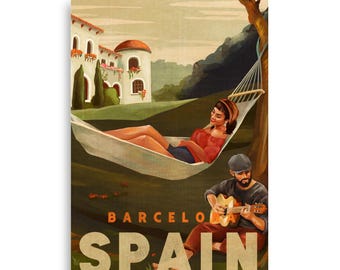 Vintage Barcelona Travel Poster: Spanish Guitarist Wall Art