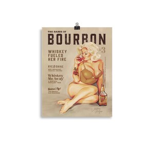 Babes Of Bourbon Vol. 3 Poster. Sexy Vintage Whiskey Pinup Girl Art Print. Cool Retro Art For Home Bar, Kitchen, Man Cave Decor