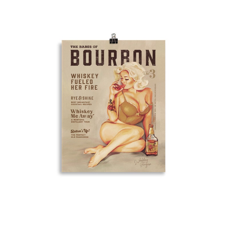 Babes Of Bourbon Vol. 3 Poster. Sexy Vintage Whiskey Pinup Girl Art Print. Cool Retro Art For Home Bar, Kitchen, Man Cave Decor