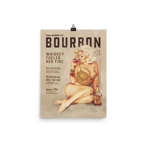 Babes Of Bourbon Vol. 3 Poster. Sexy Vintage Whiskey Pinup Girl Art Print. Cool Retro Art For Home Bar, Kitchen, Man Cave Decor
