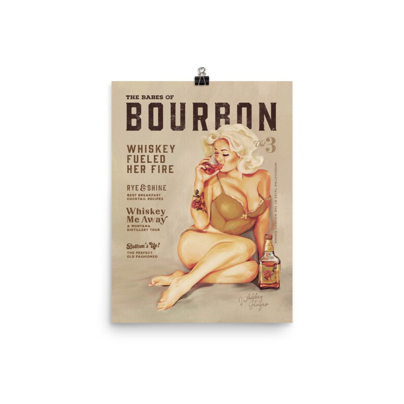 Babes Of Bourbon Vol. 3 Poster. Sexy Vintage Whiskey Pinup Girl Art Print. Cool Retro Art For Home Bar, Kitchen, Man Cave Decor