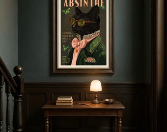 Absinthe Cat Poster. Vintage Alcohol & Retro Cocktail Bar Wall Art. Chic, Fancy Kitty Cat Tripping On Liquor In A Green Fairy Suit Art Print