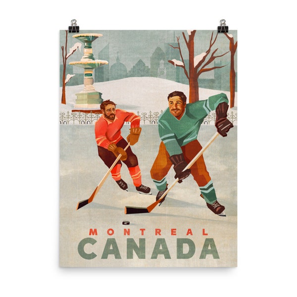 Montreal, Canada Hockey Poster. Cool Pond Hockey Art Print With Two Canadians Playing Shinny Puck. Retro Sports & Vintage Travel Wall Art