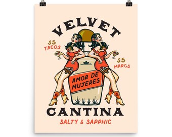 Velvet Cantina Pinup Poster – Retro Mexican Restaurant Art Print with Cowgirls, Tacos, Tequila & Margaritas – Mexico Taqueria Bar Wall Decor