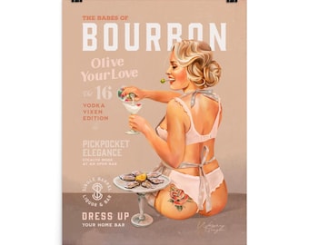 Bourbon Pinup Girl Poster Print | Speakeasy Cocktail Bar Poster | Mid Century Kitchen Art | Vintage Alcohol Decor | Sexy Lounge Wall Art